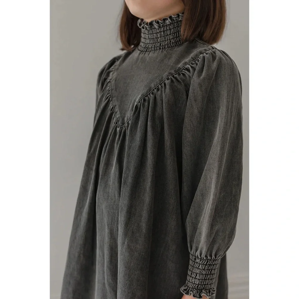 Petite Amalie Girls’ Black Wash Chambray Shirred Neck Babydoll Dress—5Y